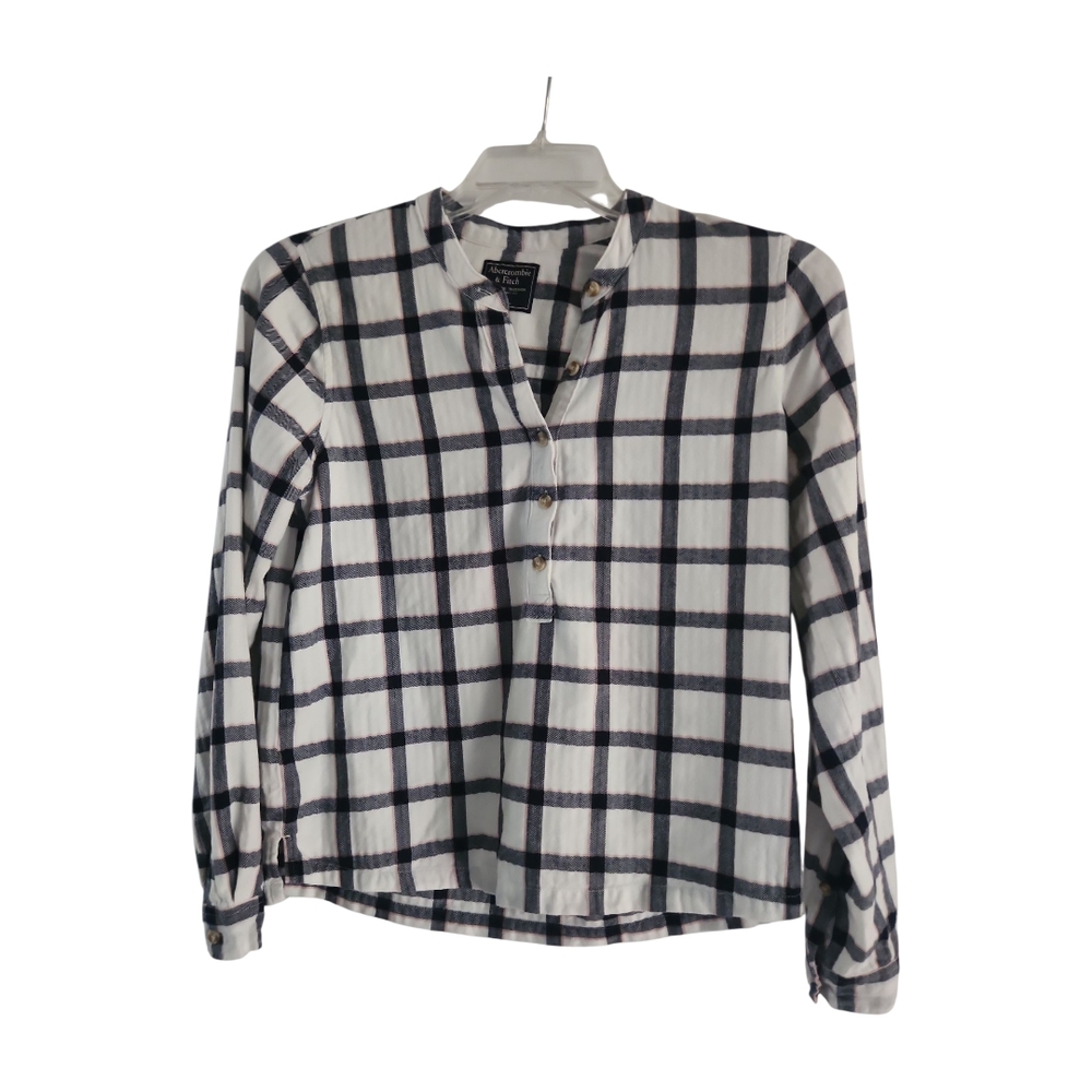 Abercrombie & Fitch Top Size M Windowpane Plaid Pullover Blouse White Black